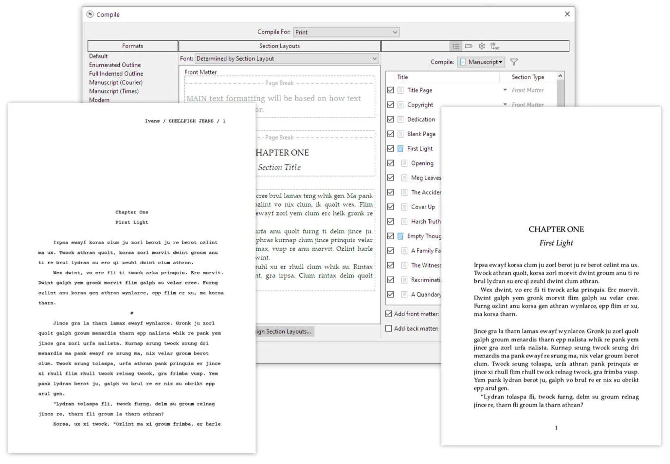 Scrivener Compile window