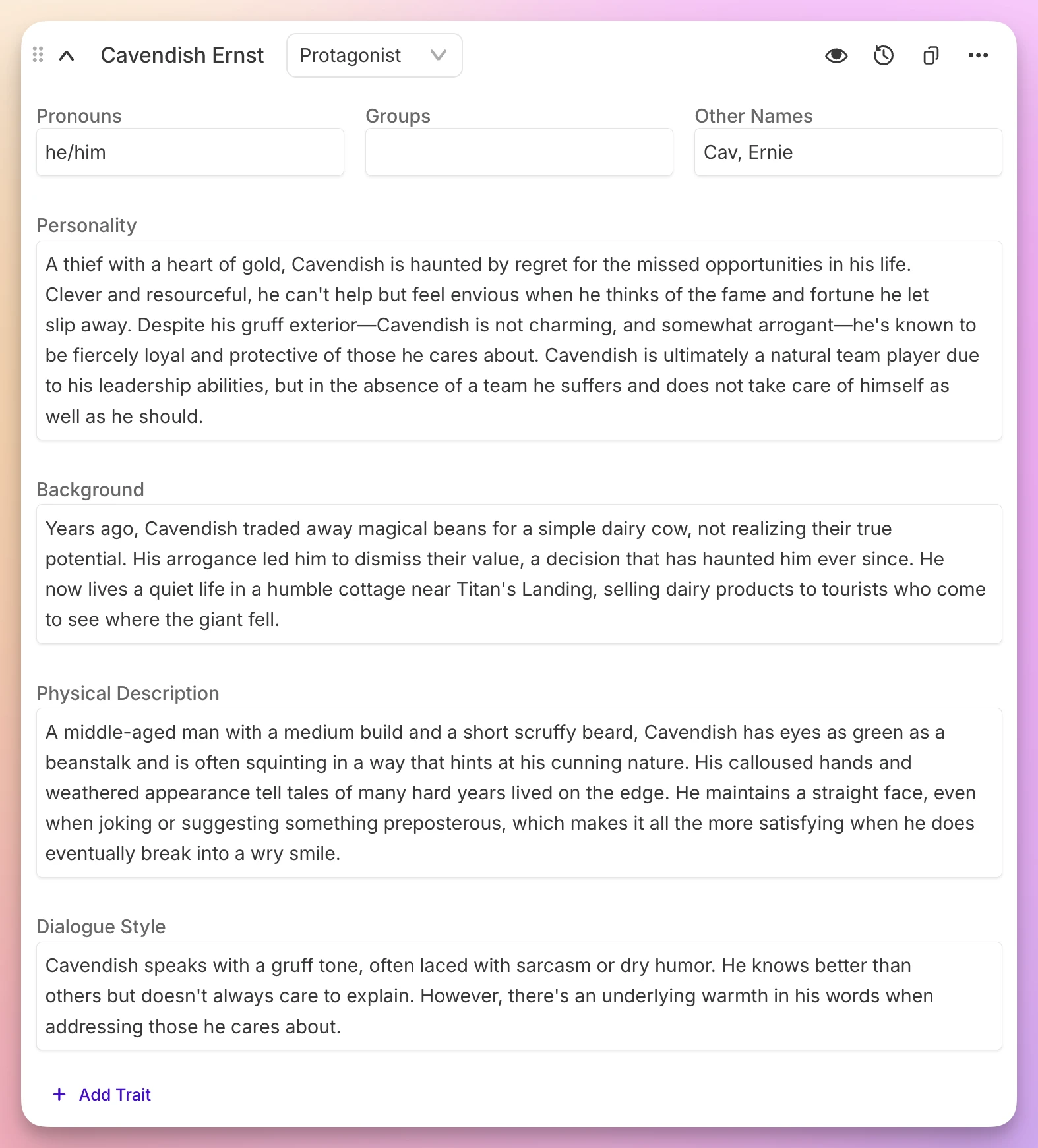 A character card in Sudowrite's Story Bible